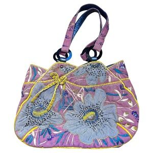 Jamin Puech Artisinal Boho Floral Beaded Floral Tote Bag Purple Yellow Velvet‎